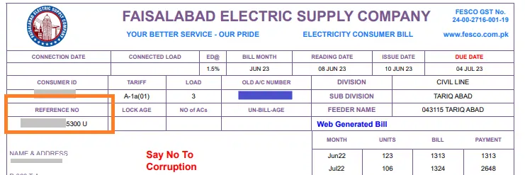 FESCO bill online reference number location guide sample